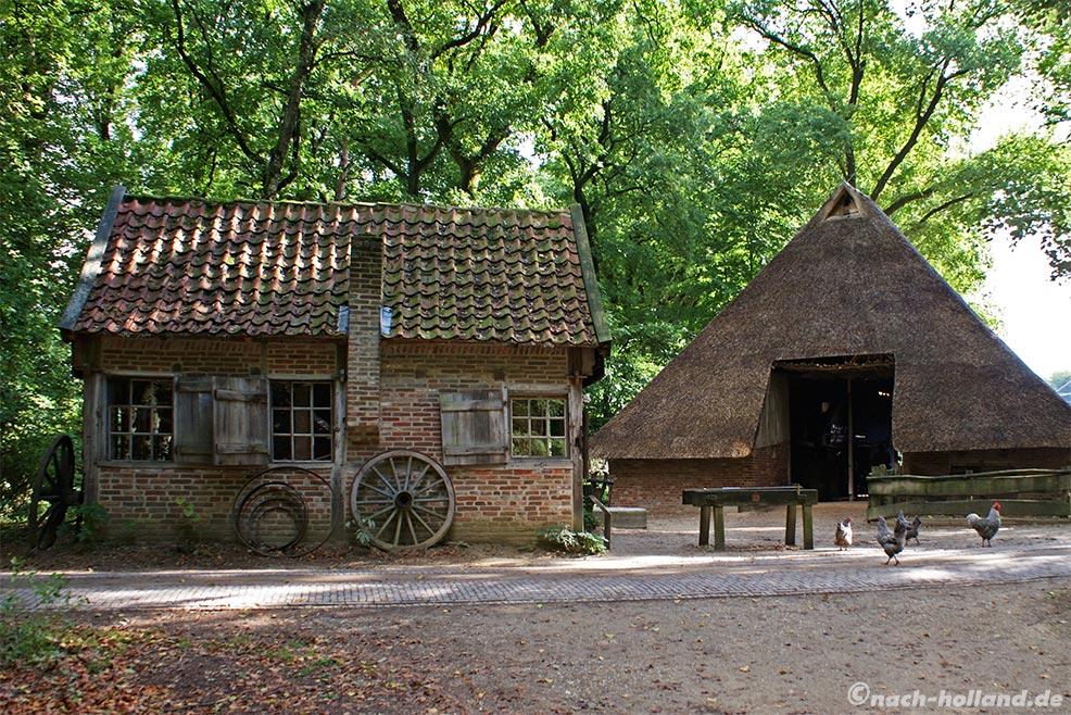 Hühner vor einem historischen Bauernhof